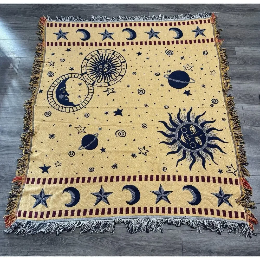 Vintage Crown Craft Celestial Sun Moon Stars Throw 90s Fringe